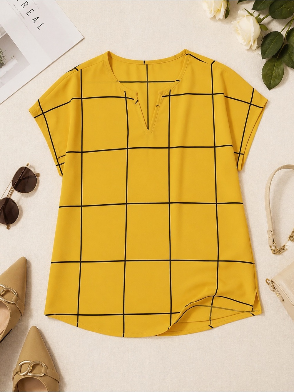 Women’s Yellow Grid Print Split-Neck Top